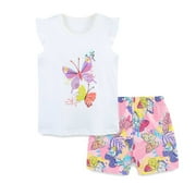 Toddler Outfits For Girls 5T Girls 2 Piece Outfits Summer Clothes Ruffle Sleeveless Shirts Top and High Waist Shorts Set Summer Birthday Party Outfit White,4-5 Years